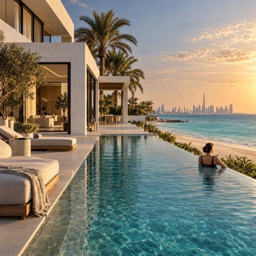 Luxury beachfront villa with an infinity pool and a guest relaxing in the water